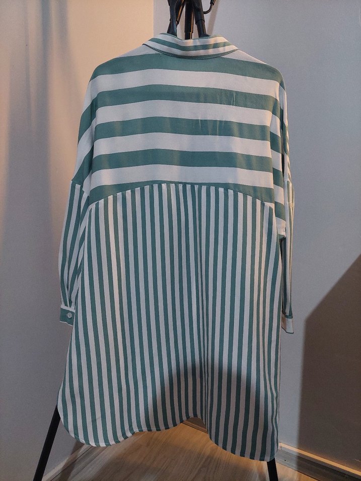 Yeşil Çizgili Uzun Kollu Kadın Gömlek - Görsel 2