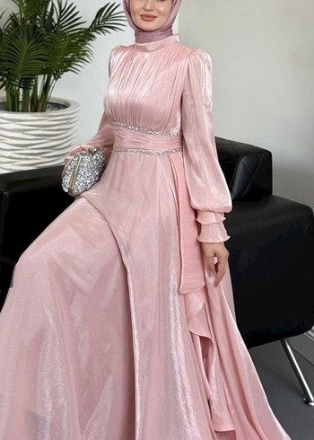 Pembe Drapeli Uzun Abiye Elbise