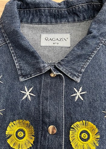 Nakışlı, düğmeli, bol kesim denim ceket - Görsel 7