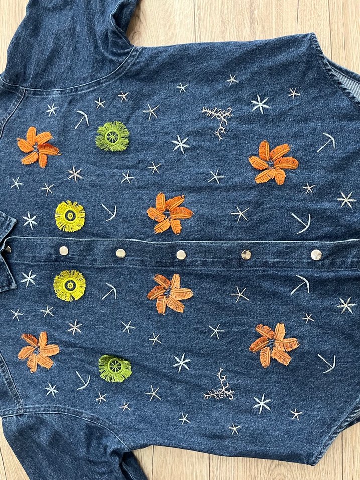 Nakışlı, düğmeli, bol kesim denim ceket - Görsel 5