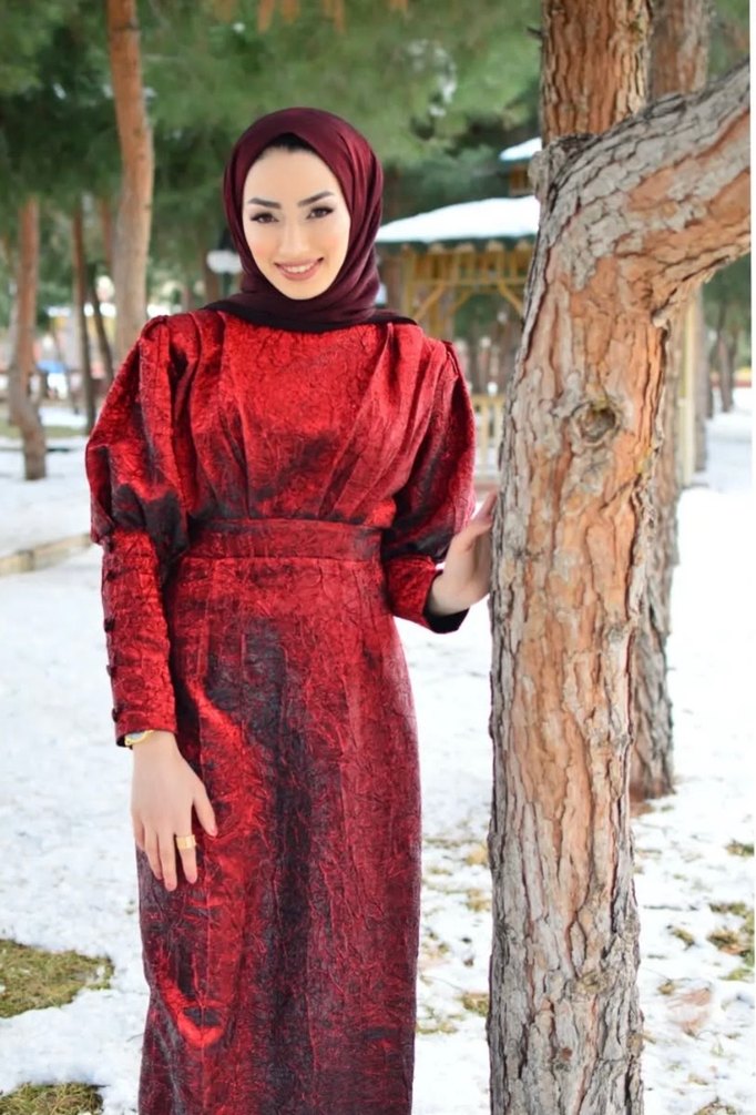 Bordo Bağlama Desenli Uzun Tesettür Elbise - Görsel 2