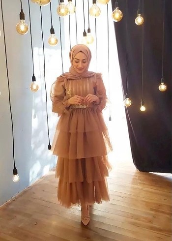 Uzun Kollu Bej Vintage Bohem Abiye Elbise - Görsel 2