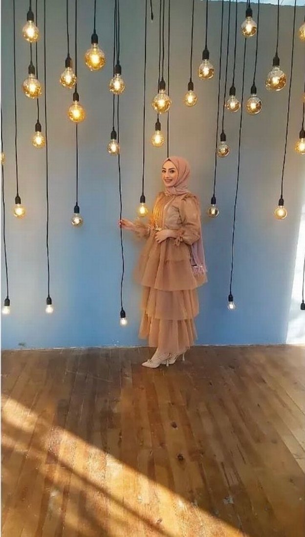 Uzun Kollu Bej Vintage Bohem Abiye Elbise - Görsel 3