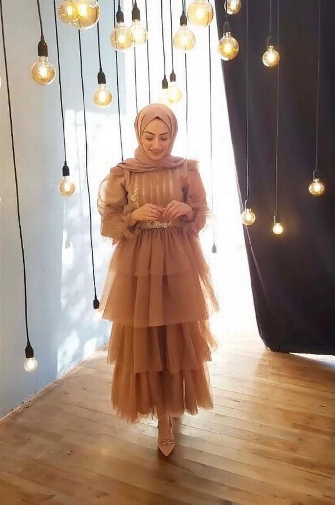 Uzun Kollu Bej Vintage Bohem Abiye Elbise - Görsel 2