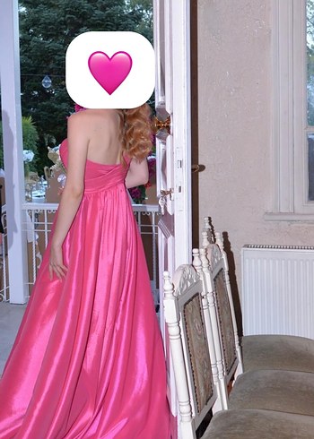 Pembe Straplez Uzun Drapeli Abiye Elbise