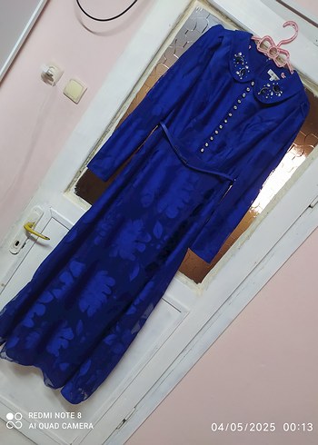 Düğmeli Mavi Vintage Kadın Uzun Elbise - Görsel 8