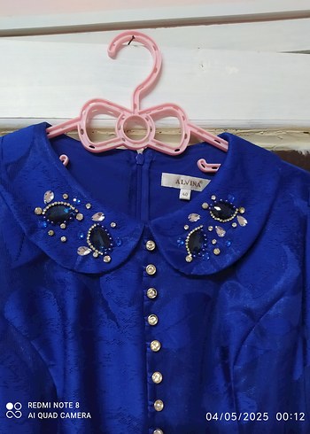 Düğmeli Mavi Vintage Kadın Uzun Elbise - Görsel 6