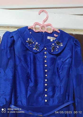 Düğmeli Mavi Vintage Kadın Uzun Elbise - Görsel 2