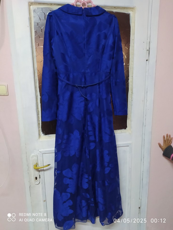 Düğmeli Mavi Vintage Kadın Uzun Elbise - Görsel 5