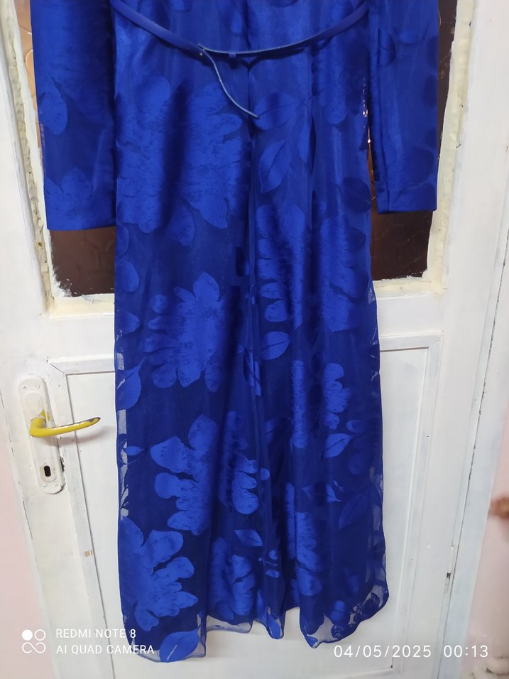 Düğmeli Mavi Vintage Kadın Uzun Elbise - Görsel 3