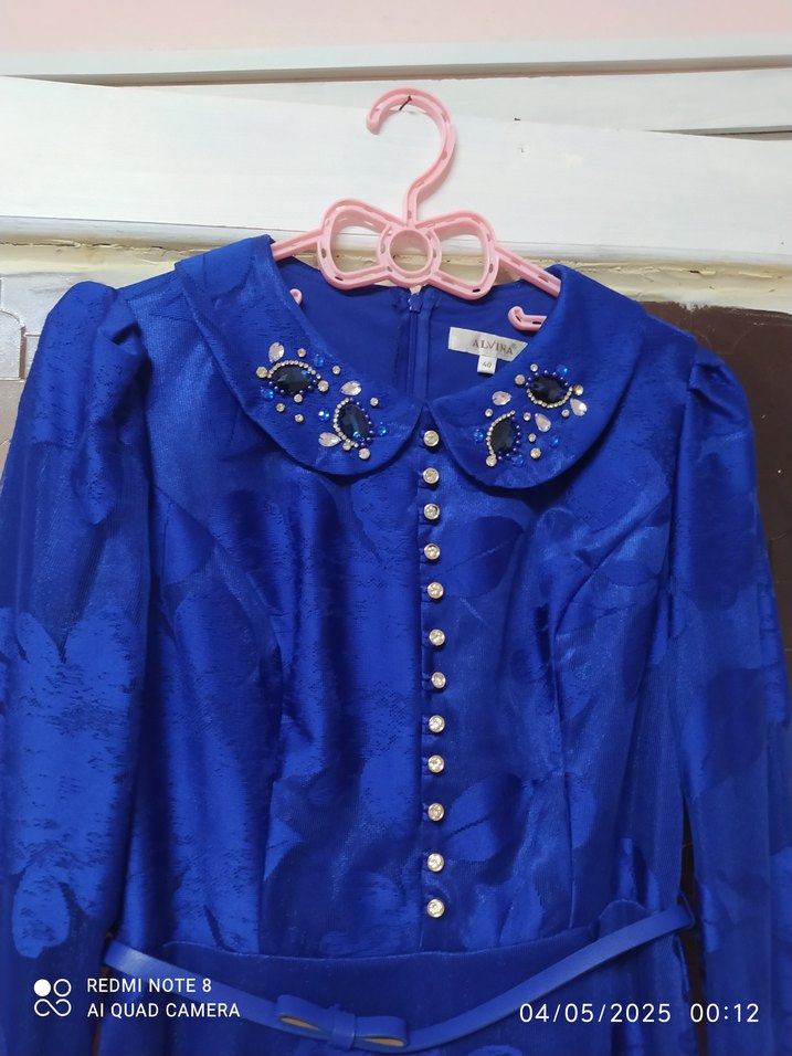 Düğmeli Mavi Vintage Kadın Uzun Elbise - Görsel 2