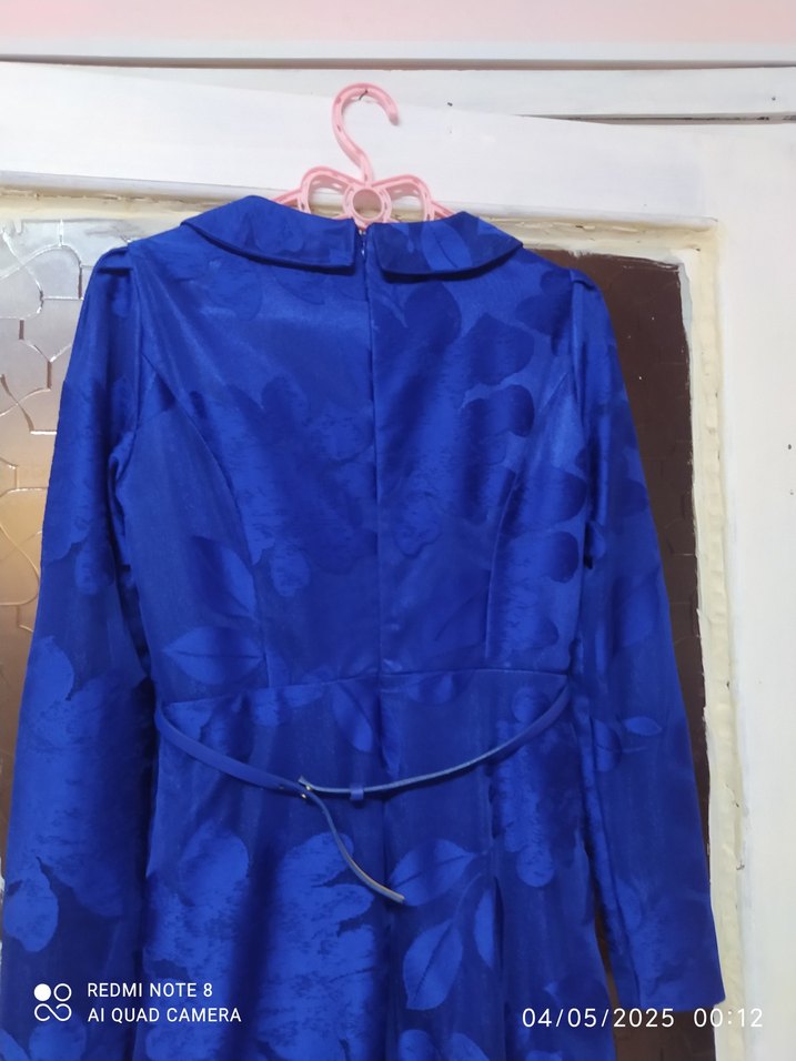 Düğmeli Mavi Vintage Kadın Uzun Elbise - Görsel 4