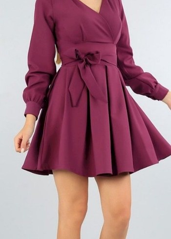 Bordo Kemerli Kısa Elbise