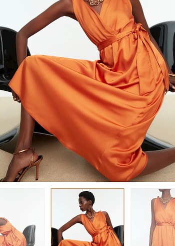 Uzun turuncu Saten Elbise - Görsel 2