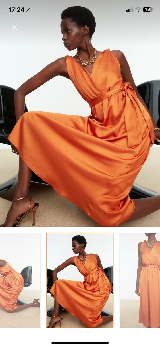 Uzun turuncu Saten Elbise - Görsel 2