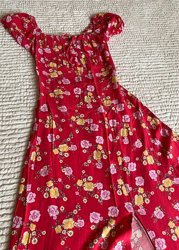 Kırmızı Çiçek Desenli Uzun Bohem Elbise - Görsel 5