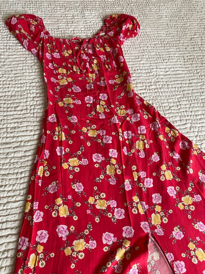 Kırmızı Çiçek Desenli Uzun Bohem Elbise - Görsel 5