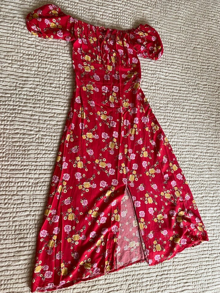 Kırmızı Çiçek Desenli Uzun Bohem Elbise - Görsel 2