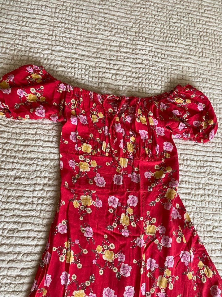 Kırmızı Çiçek Desenli Uzun Bohem Elbise - Görsel 4