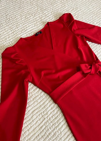 Kırmızı Uzun Kollu Kemerli Kalem Elbise - Görsel 6