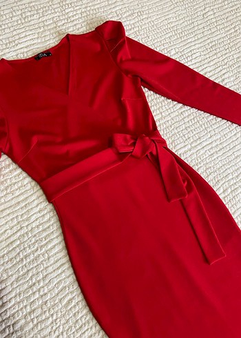 Kırmızı Uzun Kollu Kemerli Kalem Elbise - Görsel 5