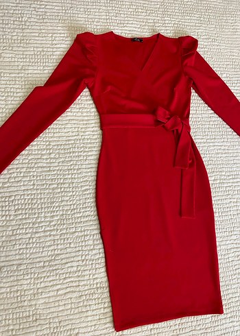 Kırmızı Uzun Kollu Kemerli Kalem Elbise - Görsel 2