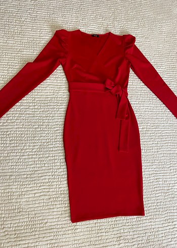 Kırmızı Uzun Kollu Kemerli Kalem Elbise - Görsel 3