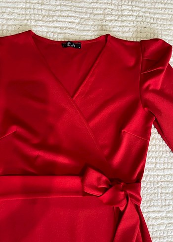 Kırmızı Uzun Kollu Kemerli Kalem Elbise - Görsel 7