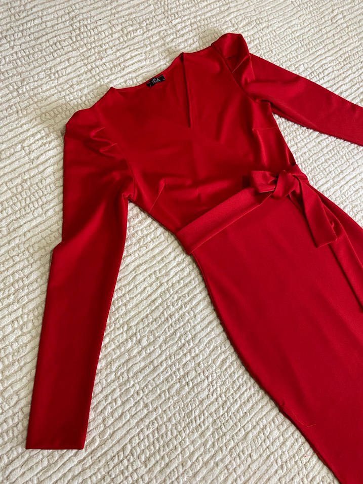 Kırmızı Uzun Kollu Kemerli Kalem Elbise - Görsel 4
