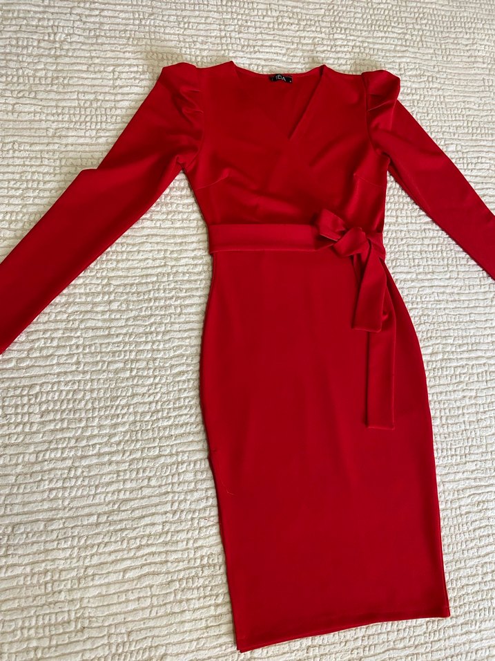Kırmızı Uzun Kollu Kemerli Kalem Elbise - Görsel 2