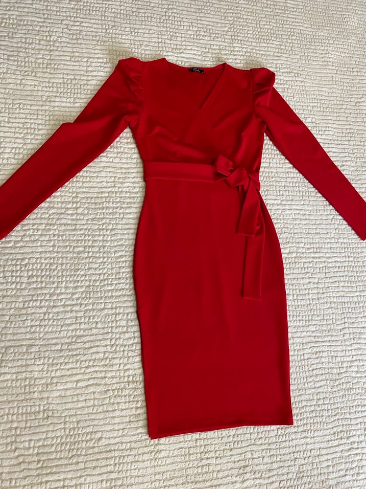 Kırmızı Uzun Kollu Kemerli Kalem Elbise - Görsel 3