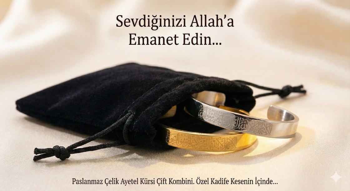 Paslanmaz Çelik Ayetel Kürsi Kelepçe Bileklik 2'li Sevgili Kombi - Görsel 3