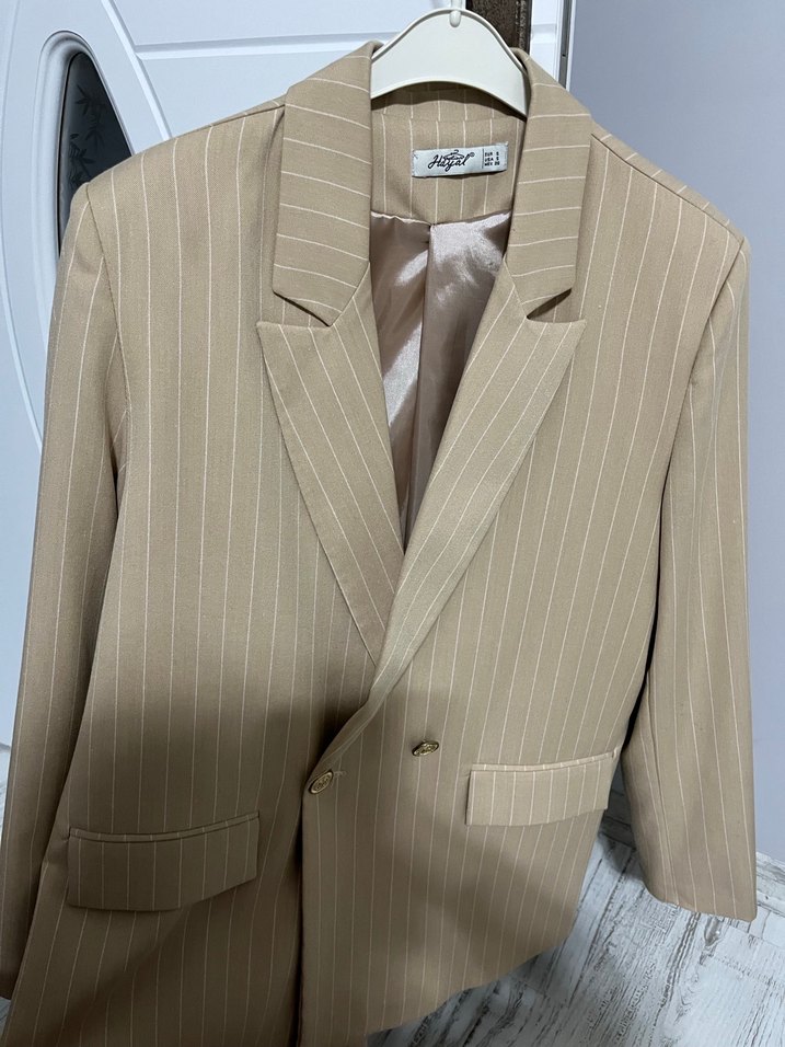 Bej Çizgili Kadın Blazer Ceket - Görsel 2