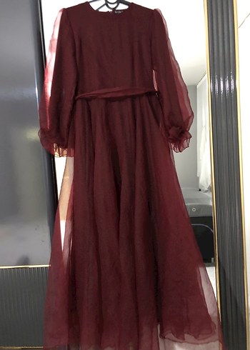 Bordo Uzun Kollu Salaş Abiye Elbise - Görsel 4