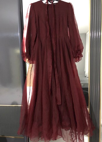 Bordo Uzun Kollu Salaş Abiye Elbise - Görsel 3