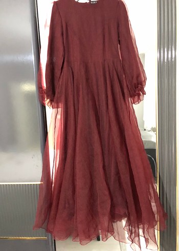 Bordo Uzun Kollu Salaş Abiye Elbise - Görsel 2