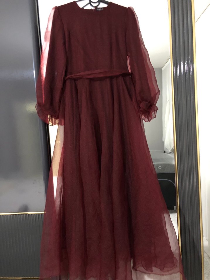 Bordo Uzun Kollu Salaş Abiye Elbise - Görsel 4