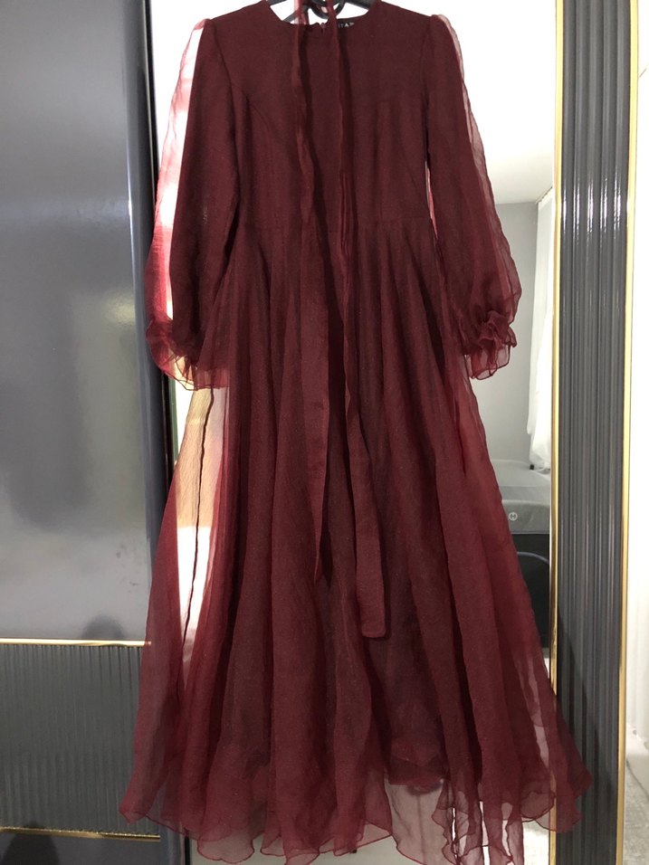 Bordo Uzun Kollu Salaş Abiye Elbise - Görsel 3