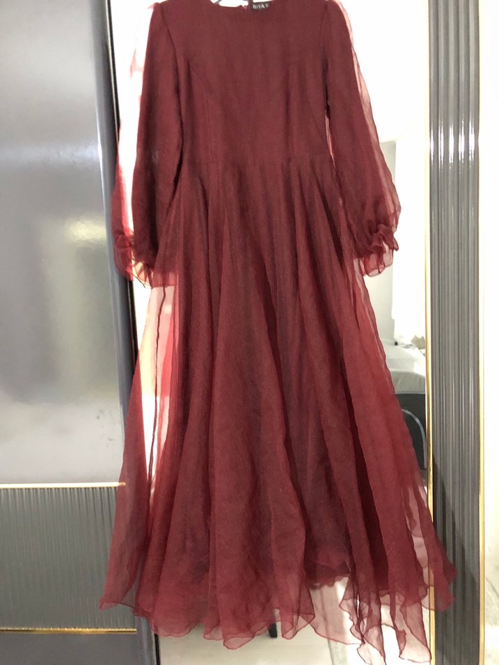 Bordo Uzun Kollu Salaş Abiye Elbise - Görsel 2