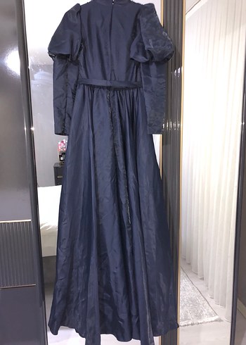 Lacivert Uzun Kollu Drapeli Kadın Abiye Elbise - Görsel 3