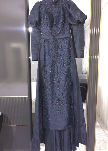 Lacivert Uzun Kollu Drapeli Kadın Abiye Elbise - Görsel 2