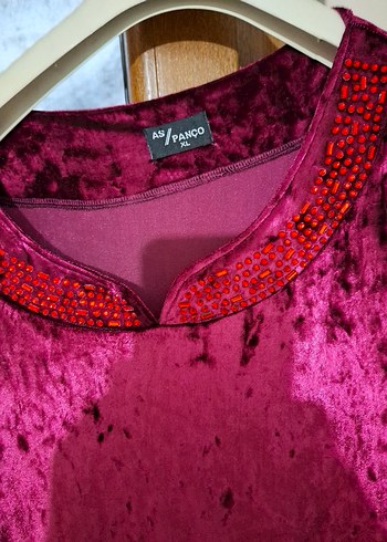 Bordo Kadife Uzun V Yaka Elbise - Görsel 2