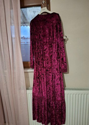 Bordo Kadife Uzun V Yaka Elbise - Görsel 3