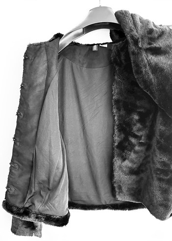 Siyah Kadın Kürk Detaylı Midi Ceket - Görsel 3