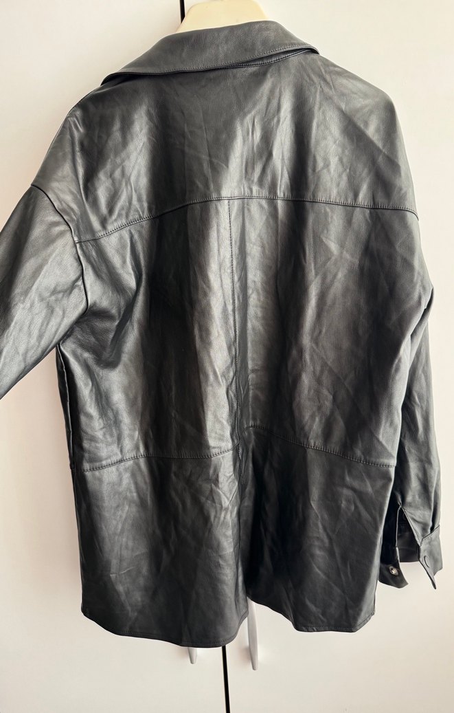 Düğmeli Siyah Deri Kadın Ceket - Görsel 5