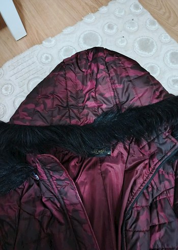 Bordo Uzun Kadın Kışlık Mont Kürklü Kapüşonlu - Görsel 4