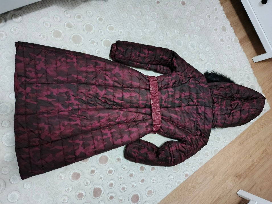 Bordo Uzun Kadın Kışlık Mont Kürklü Kapüşonlu - Görsel 5