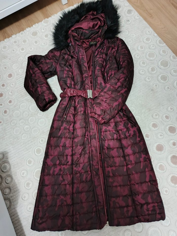 Bordo Uzun Kadın Kışlık Mont Kürklü Kapüşonlu - Görsel 2