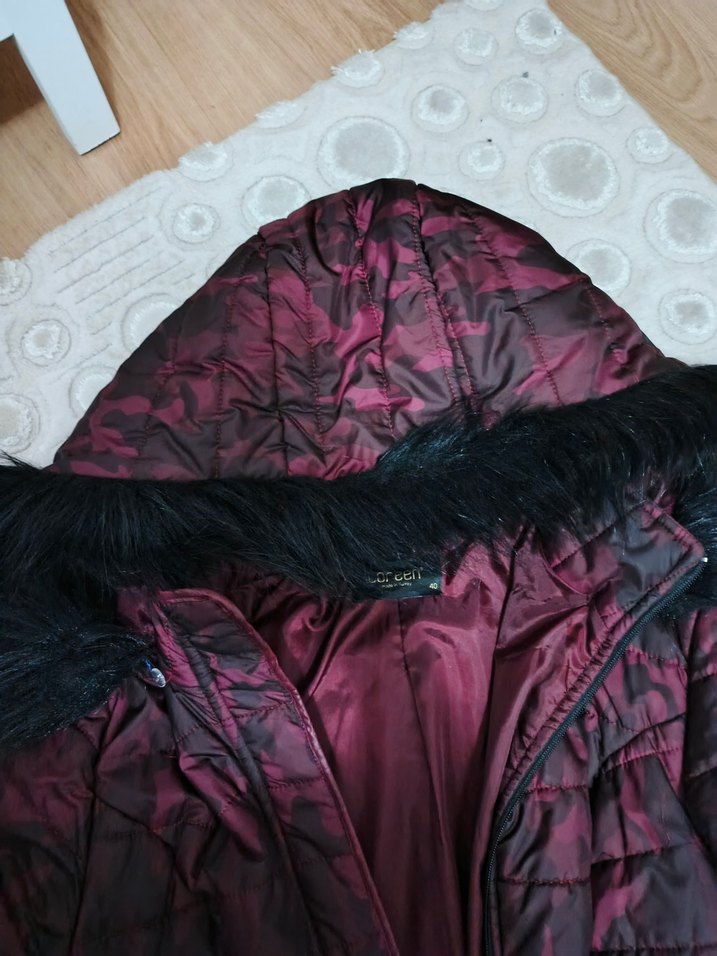 Bordo Uzun Kadın Kışlık Mont Kürklü Kapüşonlu - Görsel 4