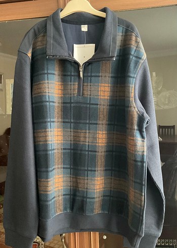 Gri Ekoseli Yarım Fermuarlı Erkek Sweatshirt